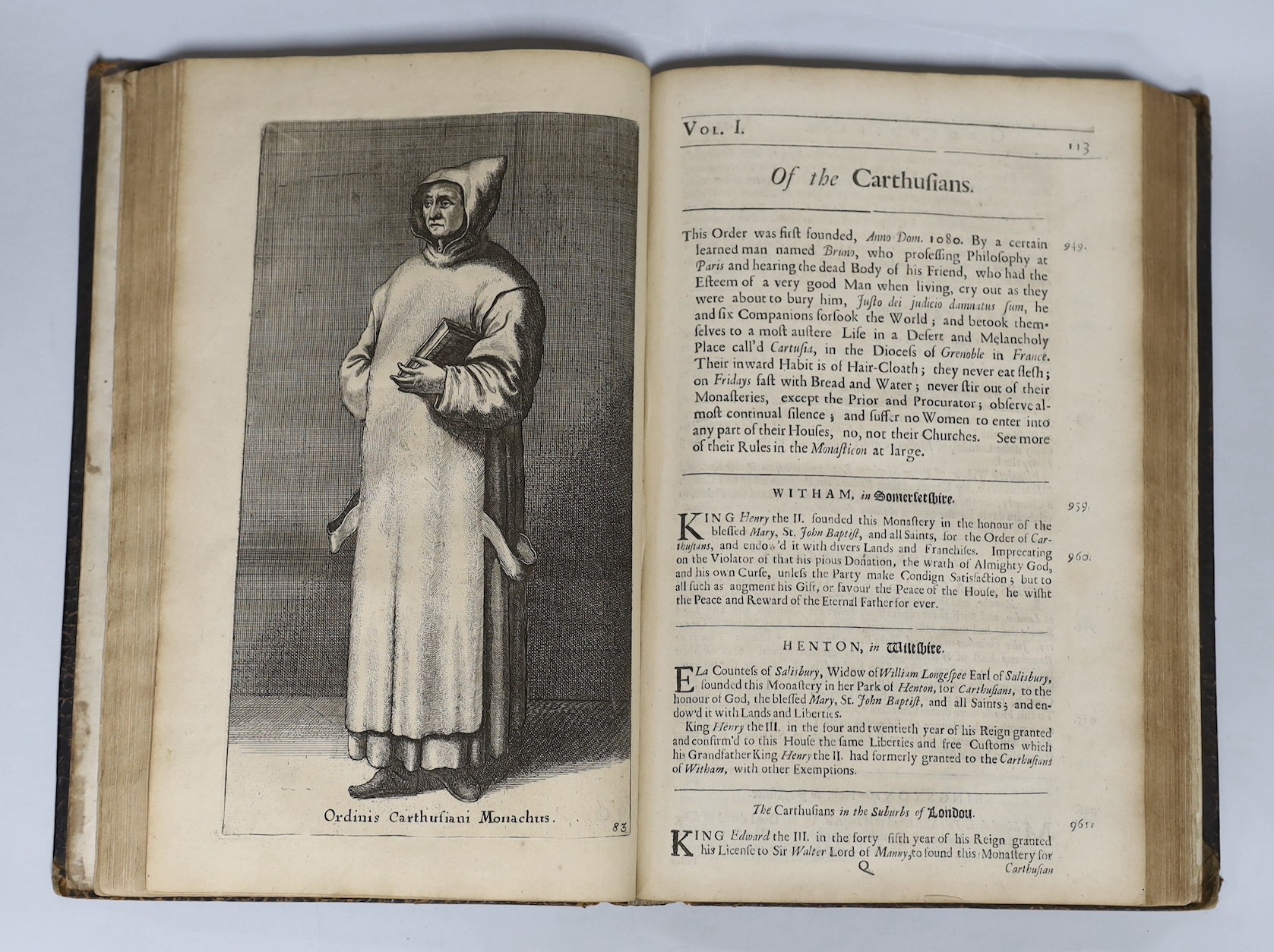 Dugdale, William - Monasticon Anglicanum, or, the History of the Abbies, and other Monastries, Hospitals, Cathedral and Collegiate Chuches in England and Wales., 3 vols in one, with 14 (of 15) full page engravings, pp. 1